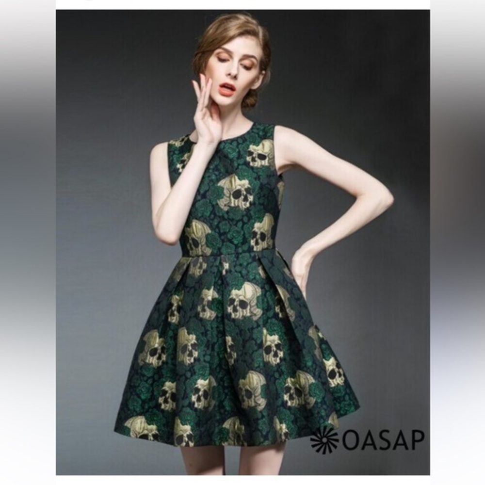 New OASAP Skull Printed Jacquard Mini Dress A-line Green Tan Medium